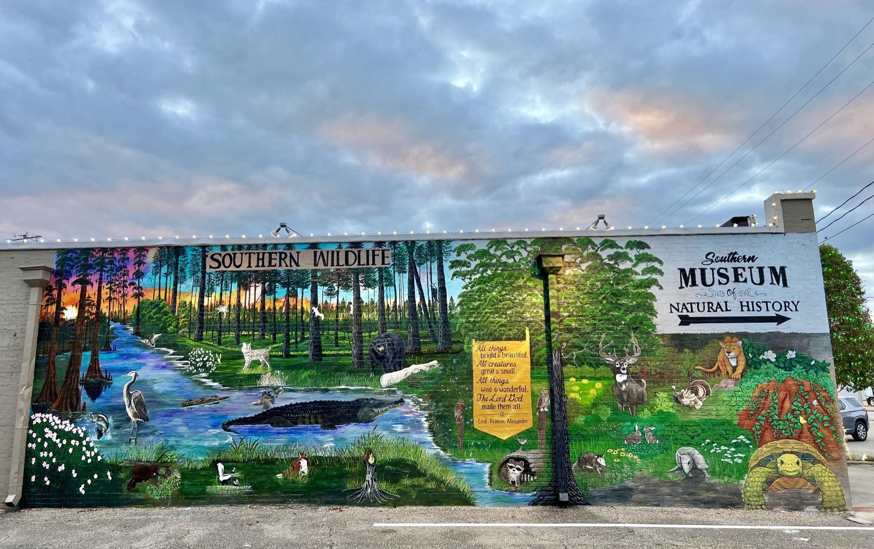 The Southern Wildlife mural wrapping the museum's outside wall on Second Street at dusk, string lights lit above the painted swamp, pines, black bear, alligator and tortoise